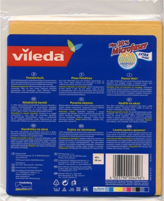 Pëlhurë për dritare Vileda Window Cloth 141327, 30% mikrofibër, e verdhë, 1 copë