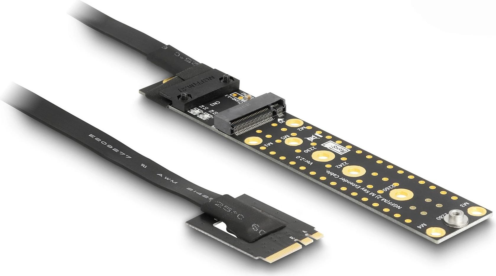 Kartë riser DeLOCK NVMe M.2 Key A+E në Key M, kabllo 20 cm, e zezë