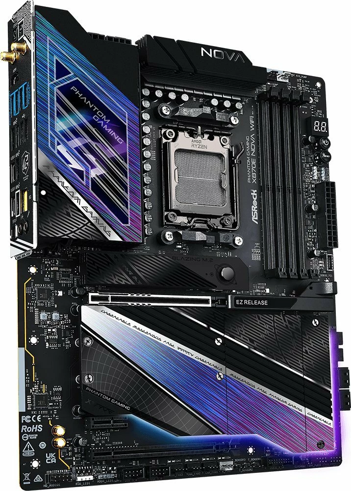 Pllakë amë ASRock X870E Nova WiFi Phantom Gaming ATX DDR5 256GB Wi‑Fi 7 USB4, e zezë/vjollcë, me antenë Wi‑Fi dhe kabllo SATA