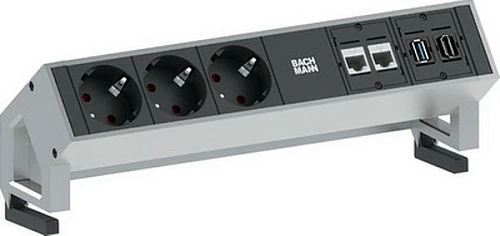 Zgjatës rryme për tavolinë Bachmann DESK 2, 3x Schuko Type F, 2x CAT6 RJ45, HDMI, USB 3.0, kabllo 1.5 m, e zezë/inoks