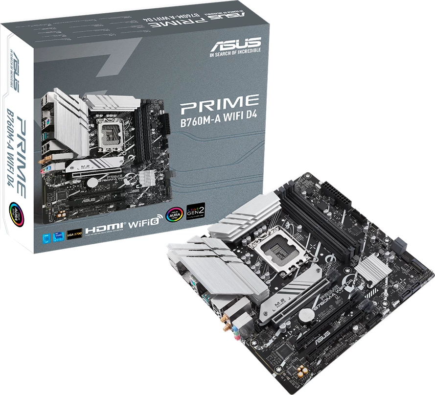 Pllakë amë ASUS PRIME B760M-A WIFI D4, LGA1700, mATX, DDR4, 4xDIMM, 2xM.2, 4xSATA, PCIe 4.0, 2.5GbE, Wi‑Fi 6, Bluetooth 5.2