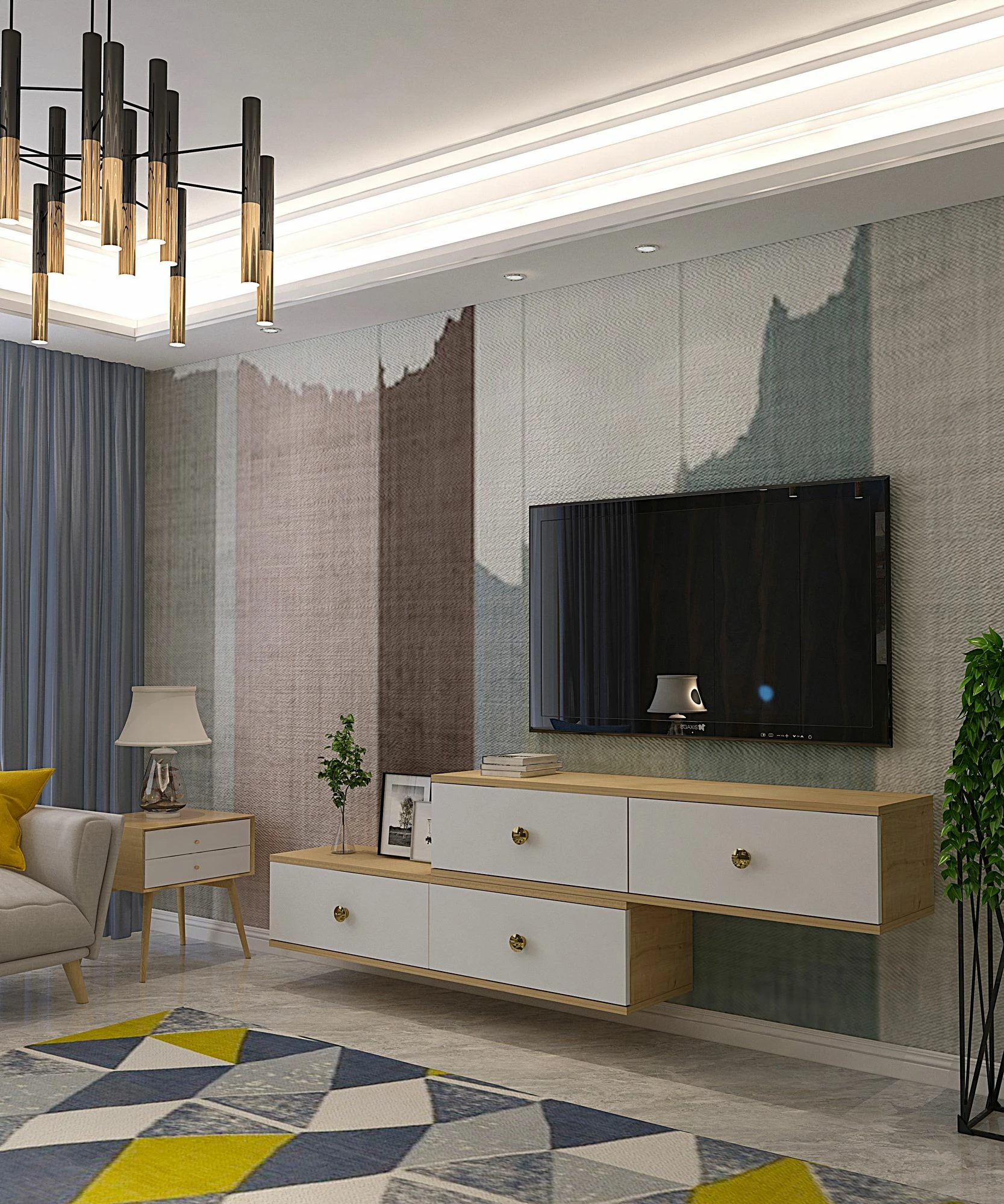 Komodë për TV Skye Decor, Zuzu Double, ngjyrë lis safir dhe e bardhë