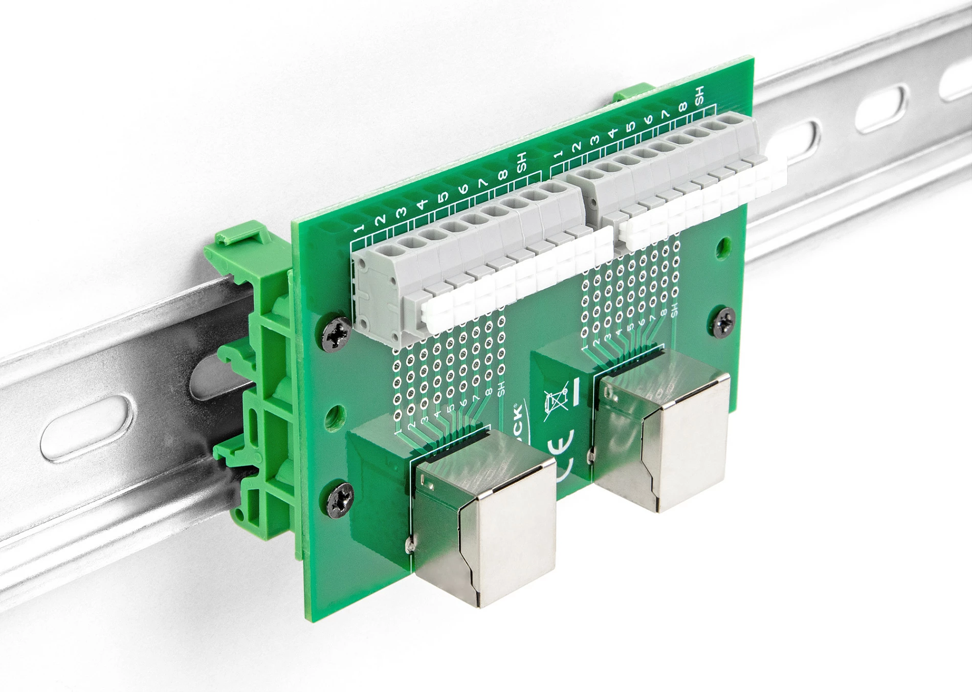 Adapter rrjeti DeLOCK RJ45 2x femër në 2x terminal block me push-button, montim DIN rail, 60x91x18 mm, gjelbër/hirtë