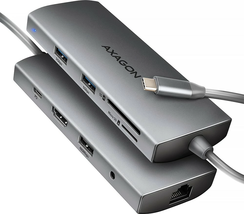 Hub multiport AXAGON HMC-8HLSA, 9-në-1, USB-C, HDMI 4K, 3x USB-A, SD/microSD, GLAN, Audio, PD 100W, 20cm, Gri