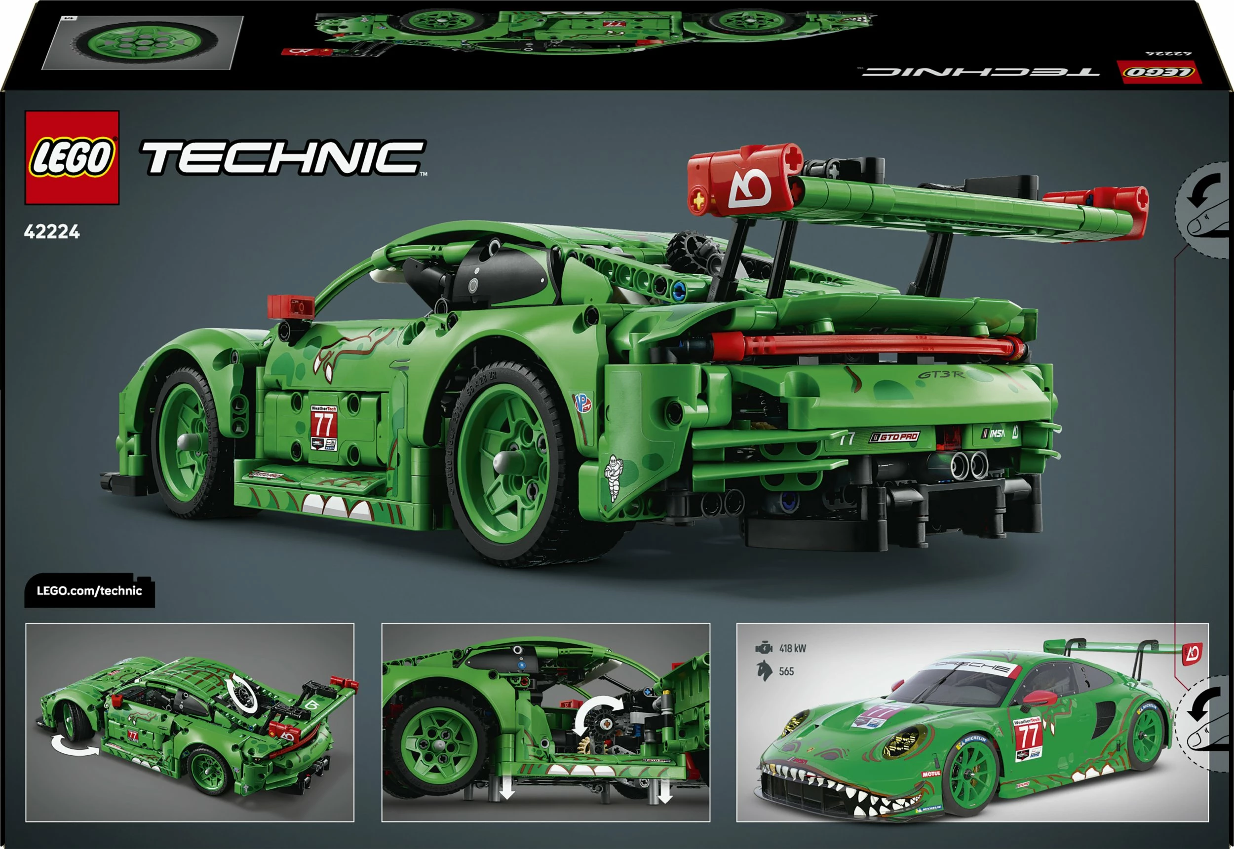 Set LEGO Technic Porsche 911 GT3 R REXY AO Racing Car 42224, 1313 copë, jeshil