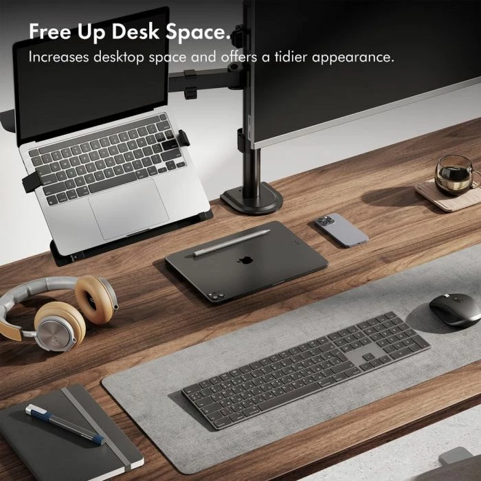 Mbajtëse dyfishe monitori dhe laptopi VONHAUS 3000114, për 2 monitorë 13-32\", montim me kapëse ose bazë, çelik, e zezë