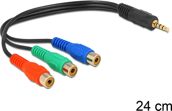 Kablë adaptër video DeLOCK 62499, 3.5mm mashkull në 3x RCA femër, 0.24 m, e zezë