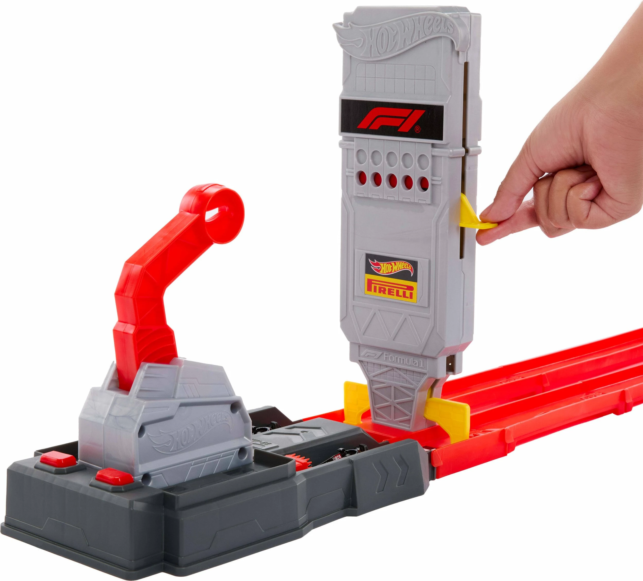 Set pistë garash Hot Wheels Formula 1 Fast Race Track JKM88, launcher, 2 vetura metalike 1:64, Speed Snap, kuqe/gri, set me 2 vetura