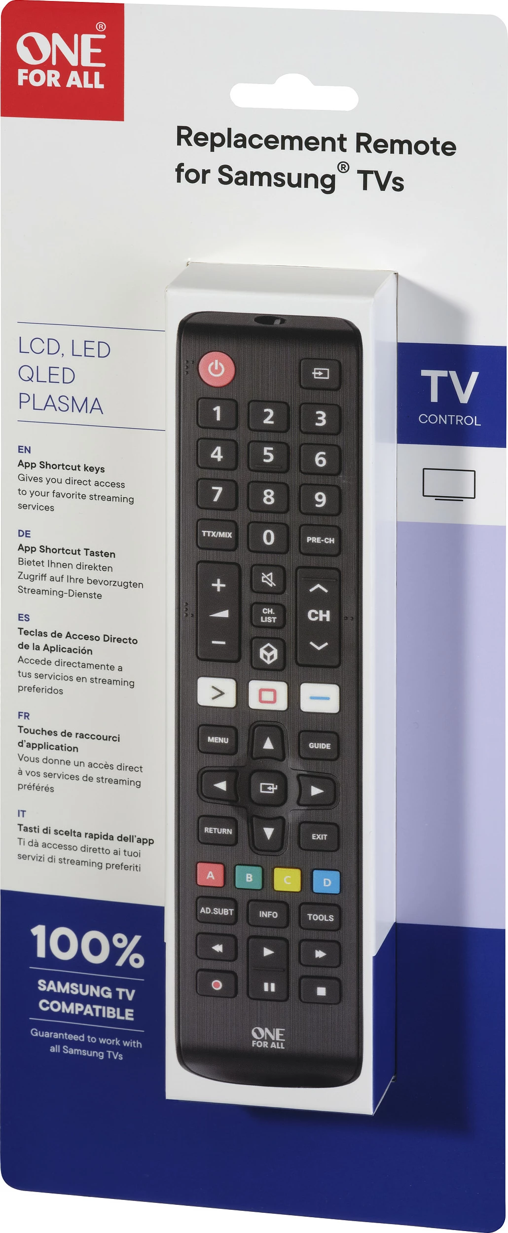 Telekomandë zëvendësuese TV One For All për Samsung, IR, me butona, e zezë