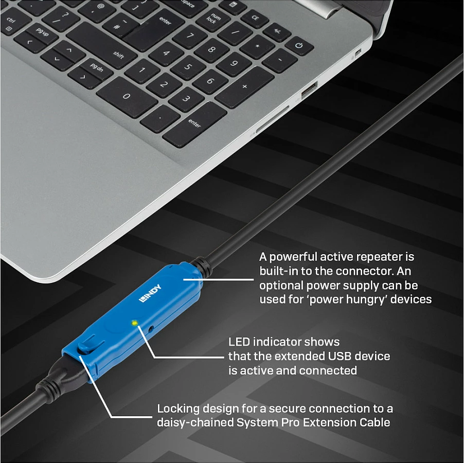 Kabllo zgjatëse aktive USB 3.0 Lindy 10m, USB-A Mashkull në USB-A Femër, 5 Gbps, zezë/kaltër