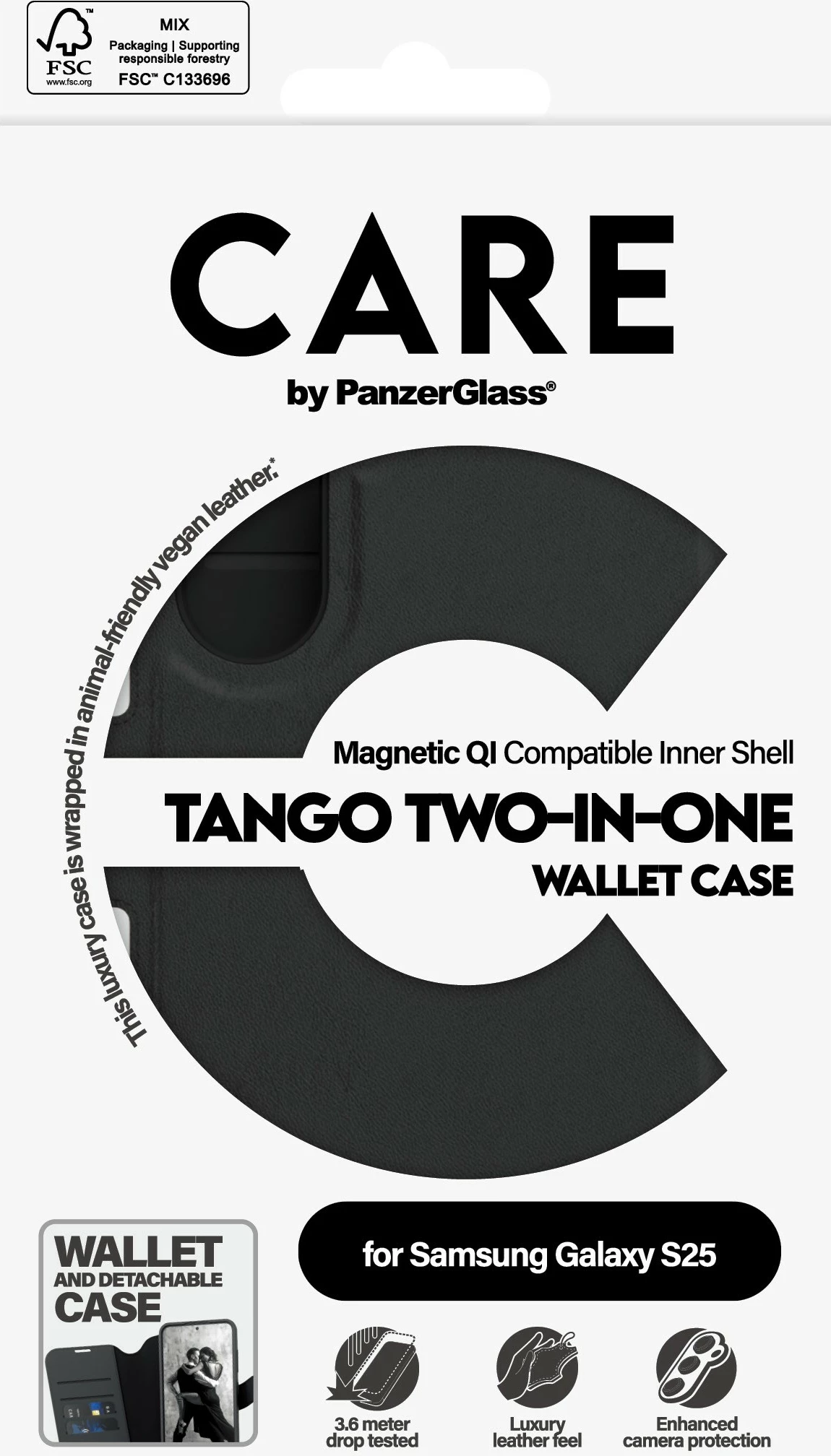 Mbështjellës PanzerGlass CARE Feature Case Tango 2-in-1, për Samsung Galaxy S25, i zi