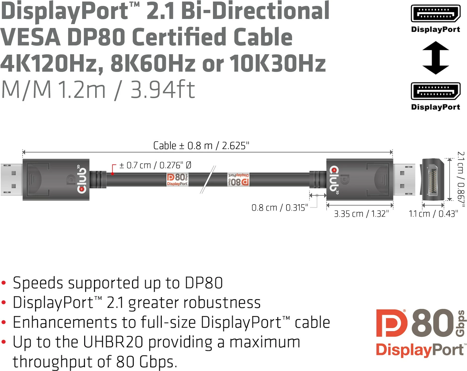 Kabllo DisplayPort Club3D DP 2.1, 1.2m, e zezë