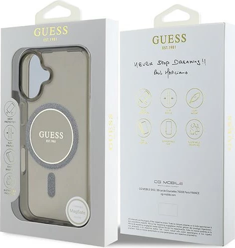Mbështjellës Guess IML Glitter Circle MagSafe për iPhone 16, zi