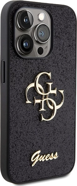 Mbështjellës Guess Glitter Script Big 4G për iPhone 15 Pro, i zi