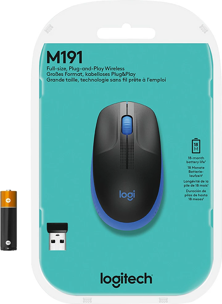 Maus Logitech M190 Full-size wireless, Ambidextrous, Optical, RF Wireless, 1000 DPI, Black, Blue