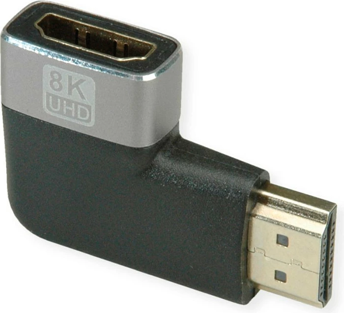 Adapter HDMI ROLINE 12.03.3251, 90° mashkull në femër, 8K 60Hz, zi/argjendtë