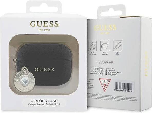 Mbështjellës Guess GUAP2PGEHCDK për AirPods Pro 2, Fixed Glitter Heart Diamond Charm, i zi