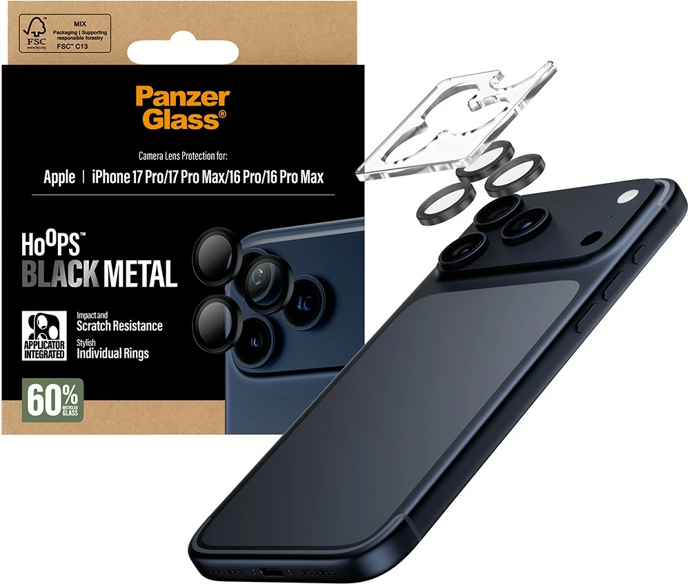 Mbështjellës kamerash PanzerGlass Hoops për iPhone 17 Pro/Pro Max/16 Pro/Pro Max, e zezë