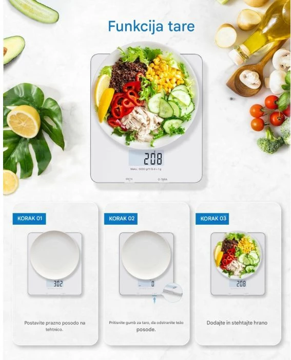 Peshore ushqimore smart RENPHO Calibra, Bluetooth BLE, max 5 kg, 1 g, 3x AAA, argjendtë