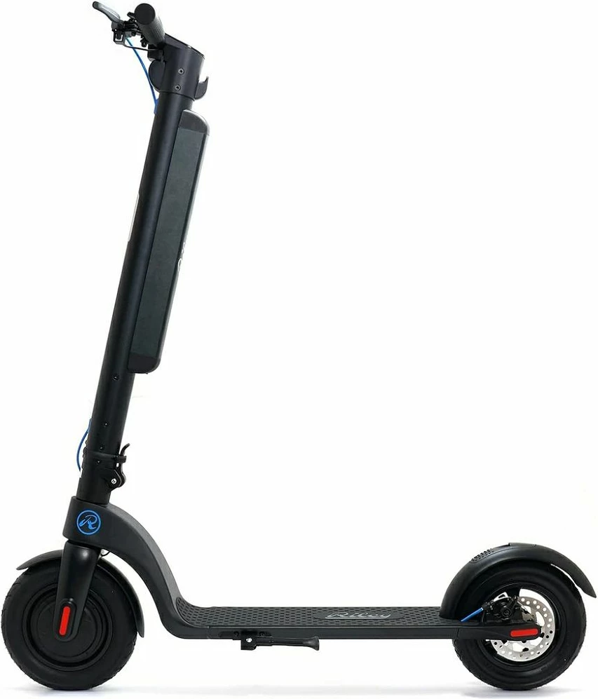 Skuter elektrik Riley RS2 Pro, rreze deri 45 km, motor 350 W (700 W peak), bateri 36 V 8.7 Ah e heqshme, goma 10\" pneumatike, i palosshëm, e zezë me detaje blu