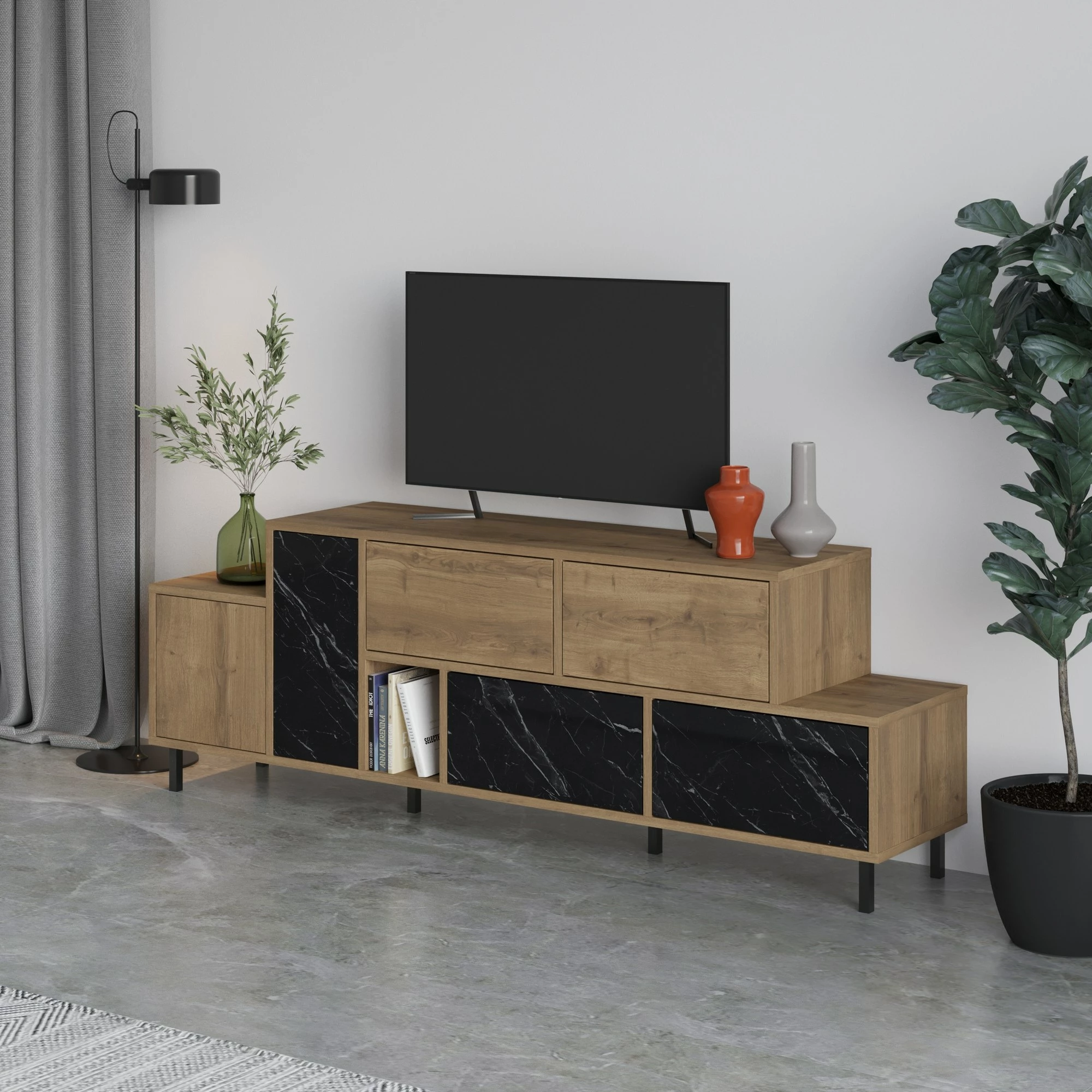 Komodë TV Skye Decor, Hermes - Hitit, Bendir, ngjyrë lis dhe e zezë