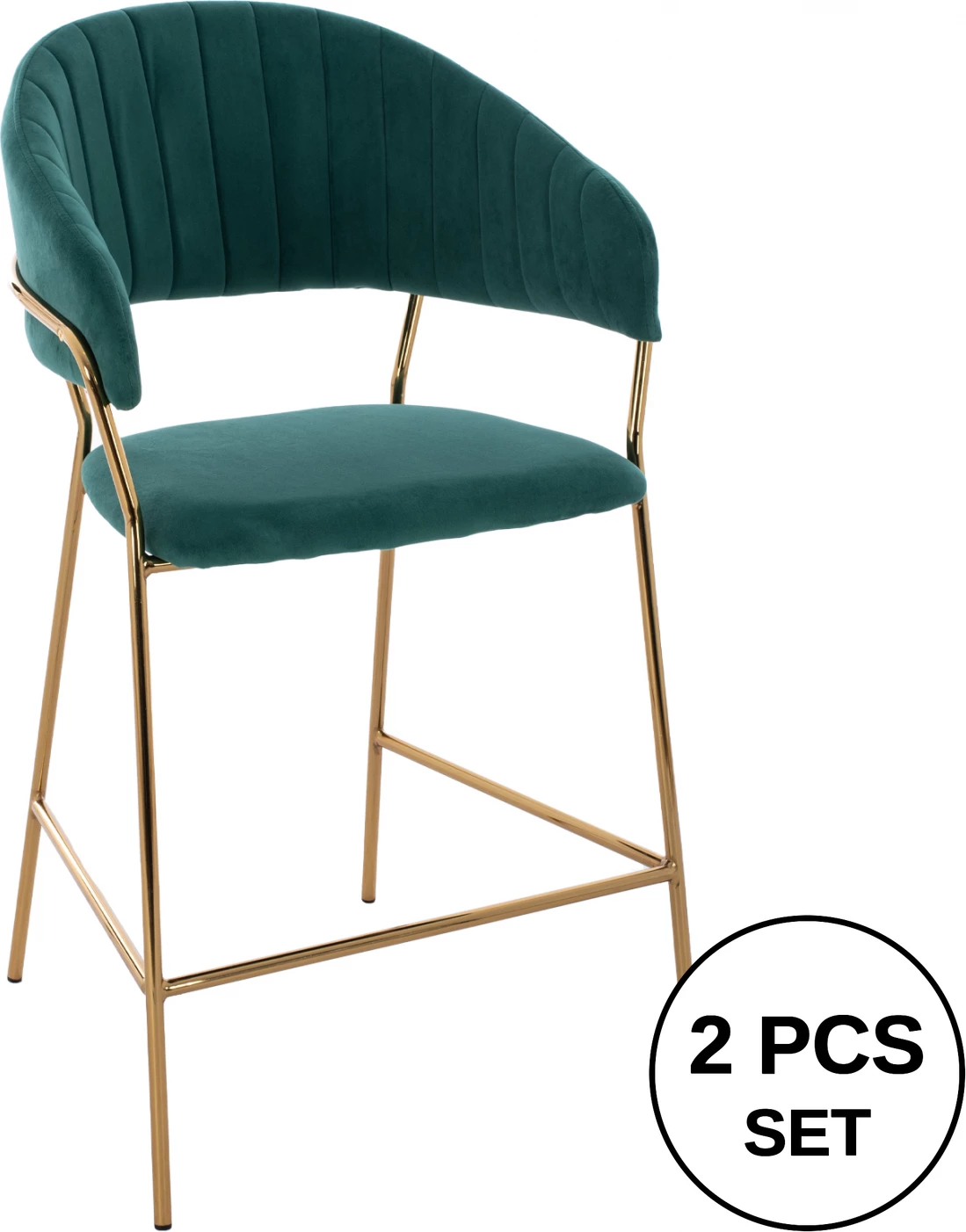 Karrige për bar, lartësi mesatare, FH8734.03, kadife e gjelbër, kornizë e artë, 60x55x100 cm., set prej 2 copë