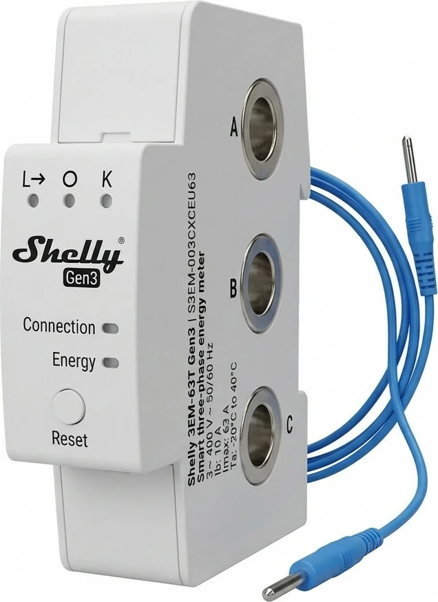 Matës energjie Shelly 3EM-63T Gen3, 3-fazor 63A, DIN rail, i bardhë
