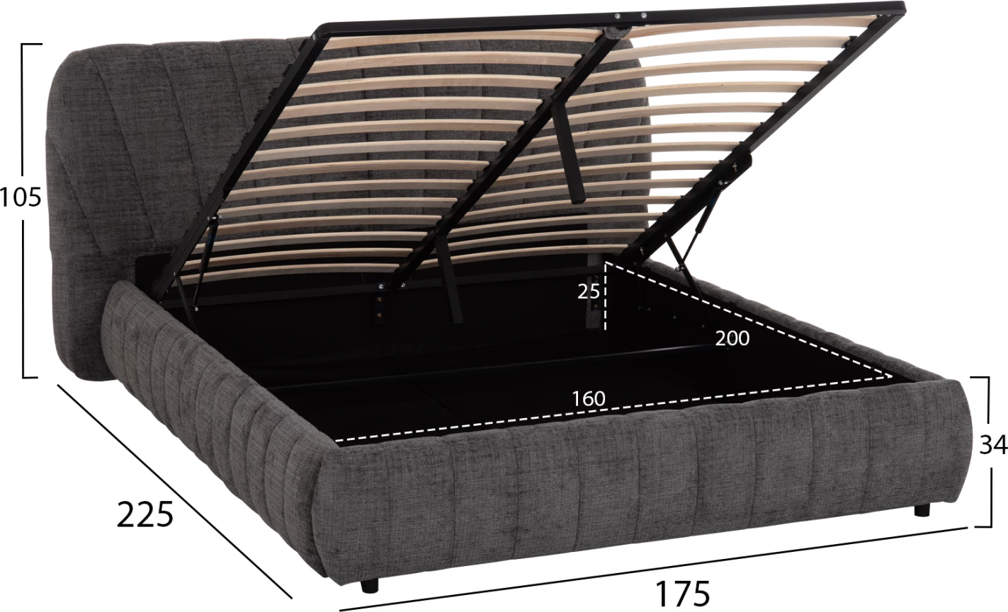 Shtrat dopio me depo WEYLON FH765.01, stof gri, për dyshek 160x200cm