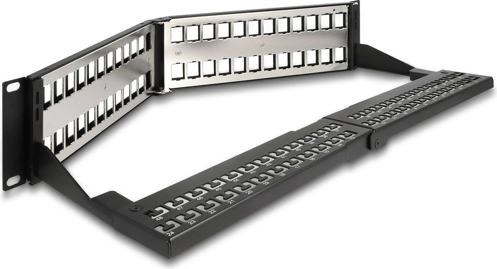 Patch panel DeLOCK 19" Keystone 48 porta, 2U i pjerrët, i zi