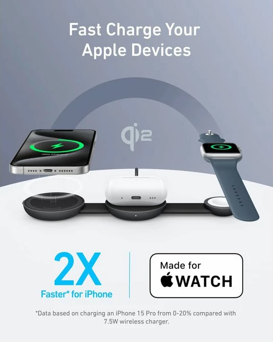 Karikues pa tela 3-në-1 ANKER MagGo B25M8H51 15W (Qi2/MagSafe), rozë, set me adaptor 40W + kabllo USB-C 1.5m