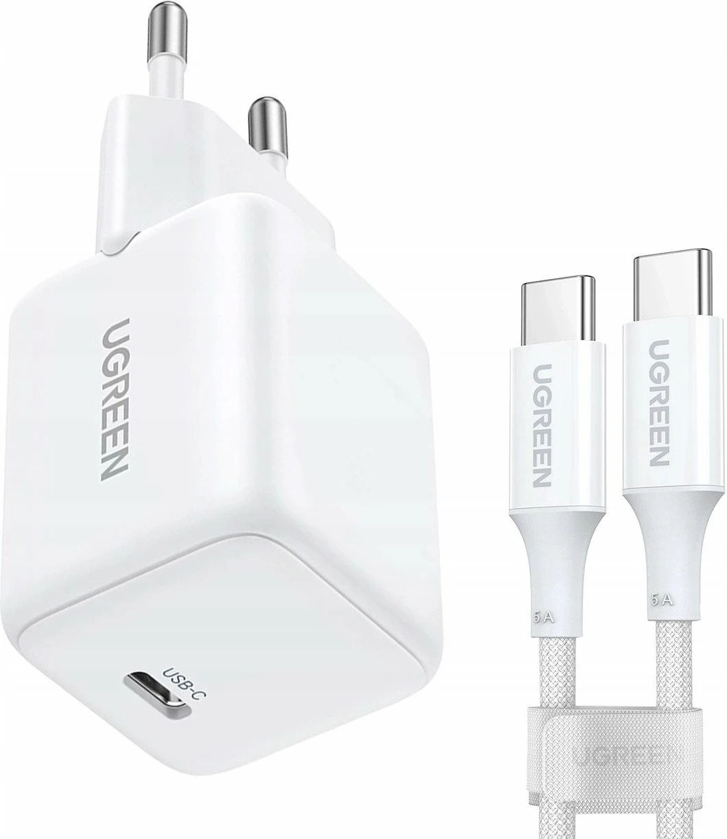 Karikues rrjeti Ugreen X513 30W GaN USB-C 3A me kabllo USB-C 1m, i bardhë (set)