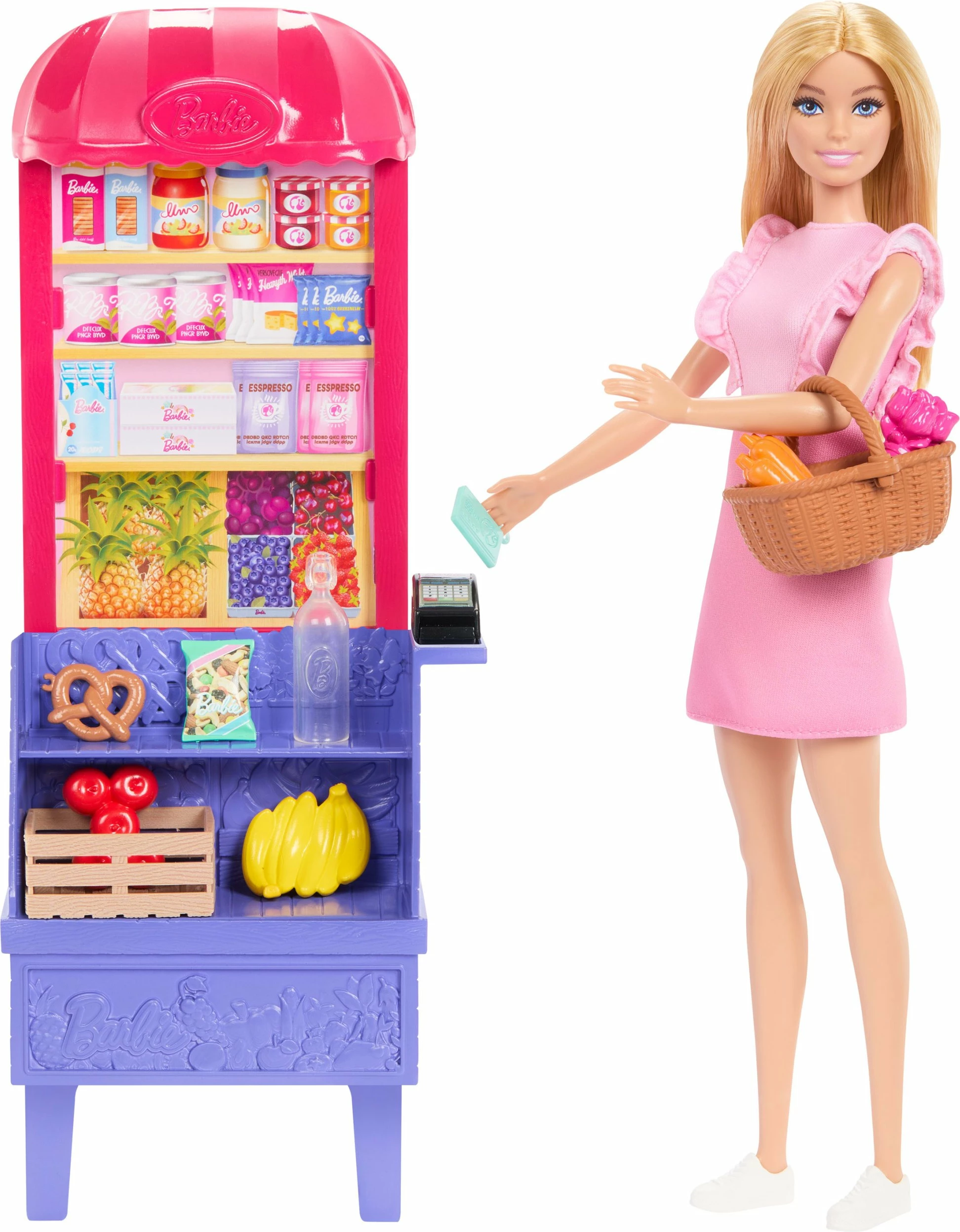 Set kukulle Barbie Mattel Barbie Malibu JCT05 me tezgë marketi dhe 11 aksesorë, rozë