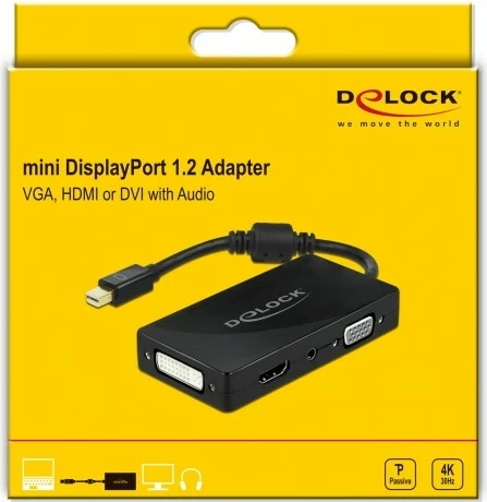 Adapter DeLOCK Mini DisplayPort në VGA/HDMI/DVI/Audio, 4K, i zi