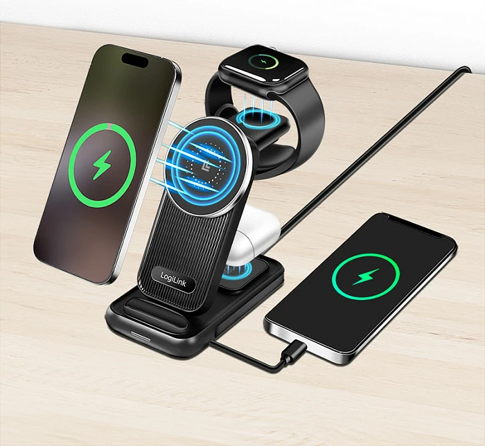 Karikues wireless tavoline LogiLink 4-në-1, 15W, i zi