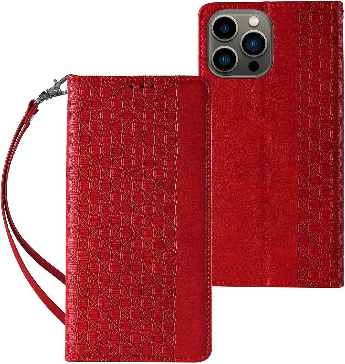 Mbështjellës Hurtel Magnet Strap Case për iPhone 14 Pro Max, me kapak, portofol, qëndrim, litar dore, Kuq