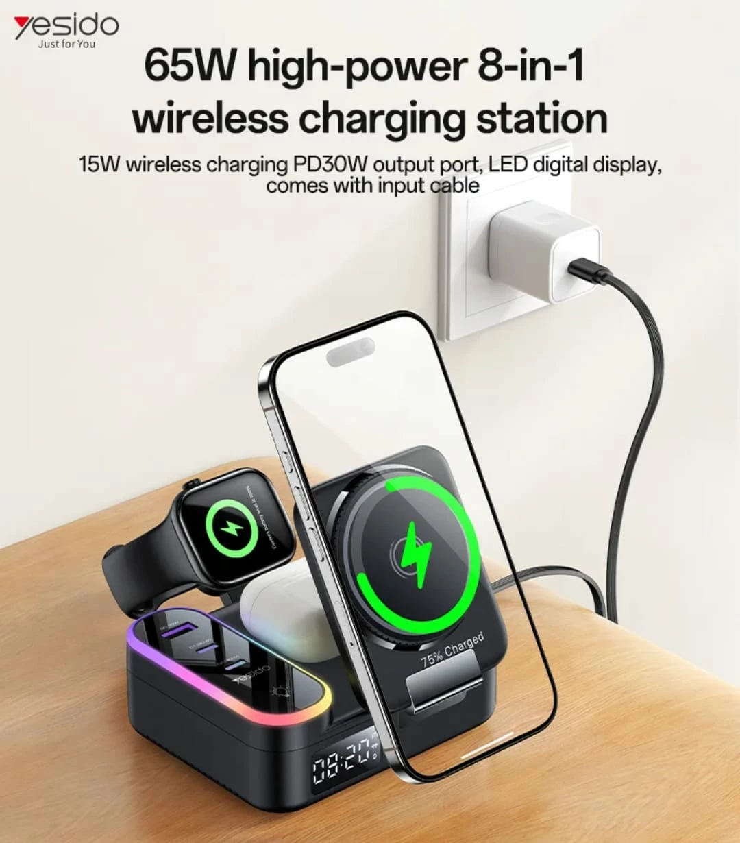 Stacion Karikimi Inteligjent 5 in 1 Yesido me Orë, RGB dhe Wireless Charging