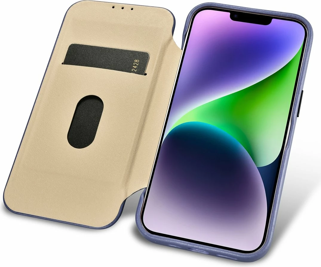 Mbështjellës lëkure iCarer CE Premium Folio për iPhone 14 Plus, MagSafe, Vjollcë e lehtë