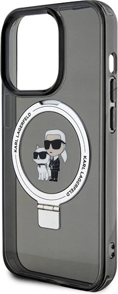Mbështjellës Karl Lagerfeld KLHMP15LHMRSKCK për iPhone 15 Pro 6.1", me unazë Ring Stand Karl&Choupette, MagSafe, zi