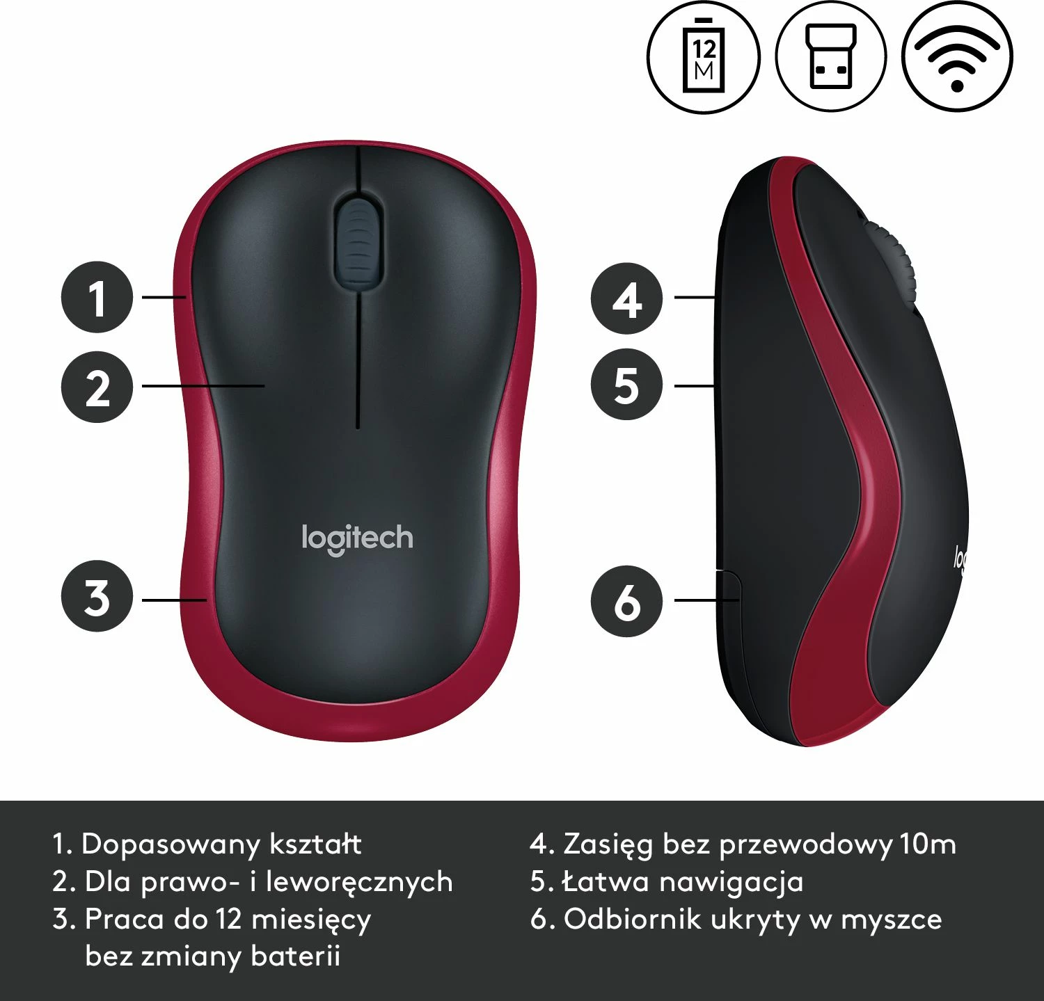 Maus Logitech M185 (910-002240) Wireless USB 1000 DPI, zi/kuqe