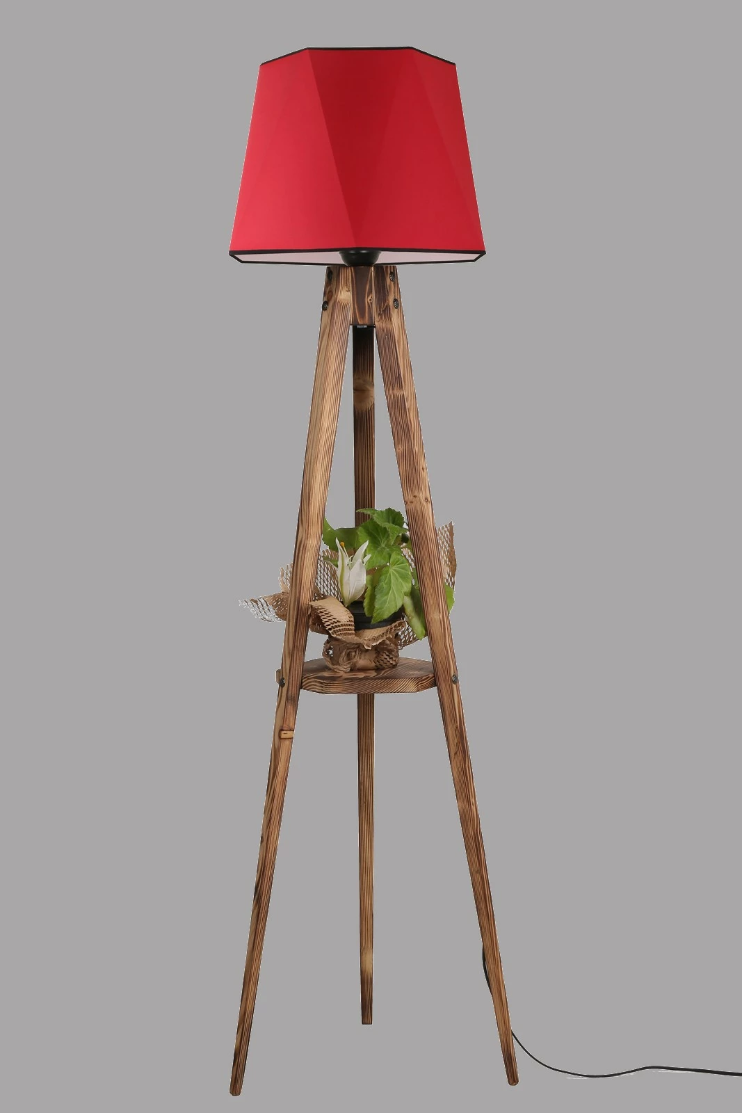 Lambader tripod me rafte, trup druri, abazhur i kuq, 165 cm