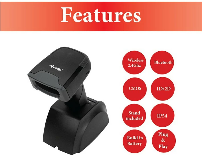 Skaner barkodi EQUIP 2D, wireless Bluetooth + 2.4GHz, IP54, me stendë, zi/hirtë