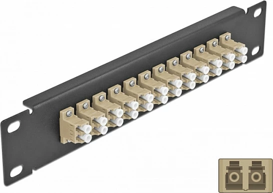 Panel patch fiber optik DeLOCK 10", 12x LC Duplex, 1U, për rack 10", bezhë/zi