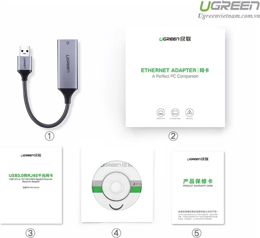 adapter rrjeti USB 3.0 në Gigabit Ethernet UGREEN 50922, Type-A RJ-45, 10/100/1000Mbps, kasë alumini, kabllo 10cm, gri, box