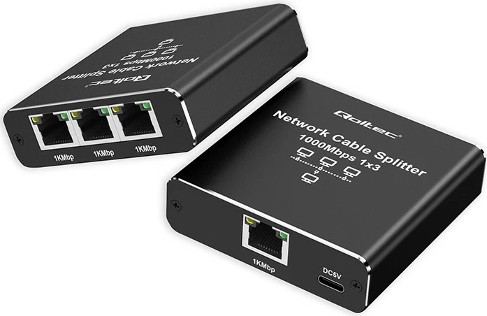 Switch i vogël Qoltec 52294, 3 porta RJ45, 1Gb/s, alumini, USB-C