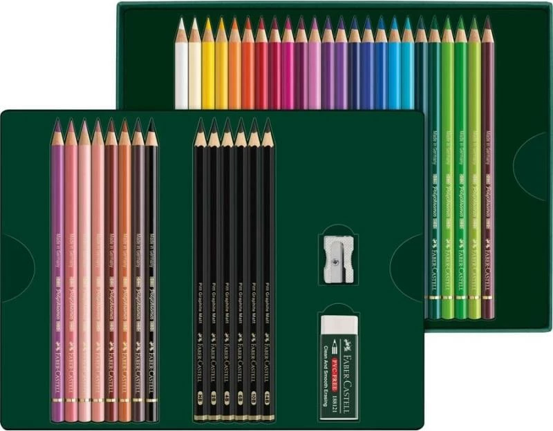 set lapsash me ngjyra Faber-Castell Polychromos FC-210053, 32 lapsa ngjyra + 6 Pitt Graphite Matt, shumëngjyrësh, set 38 copë