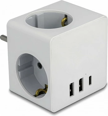 Adapter prizash kub DeLOCK Multi Socket Cube 3-dalje Type F, 3x USB, 16A, 3680W, i bardhë