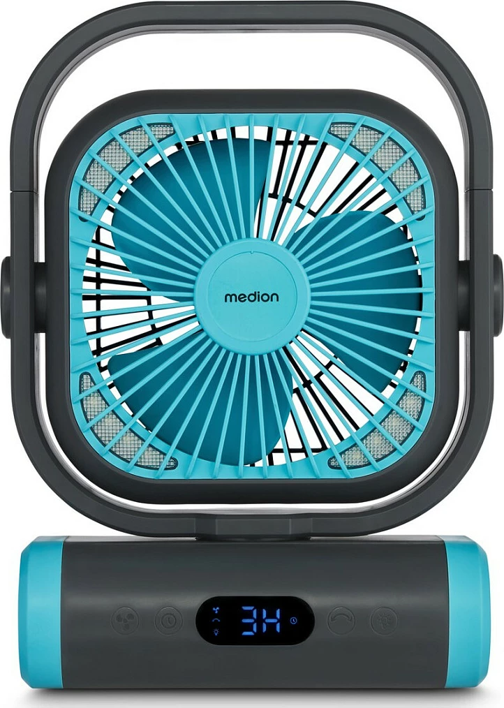 Ventilator kampingu Medion LIFE E10 TF MD 12065, bateri 10000 mAh, LED, USB, auto-oscillim, zi/kaltër