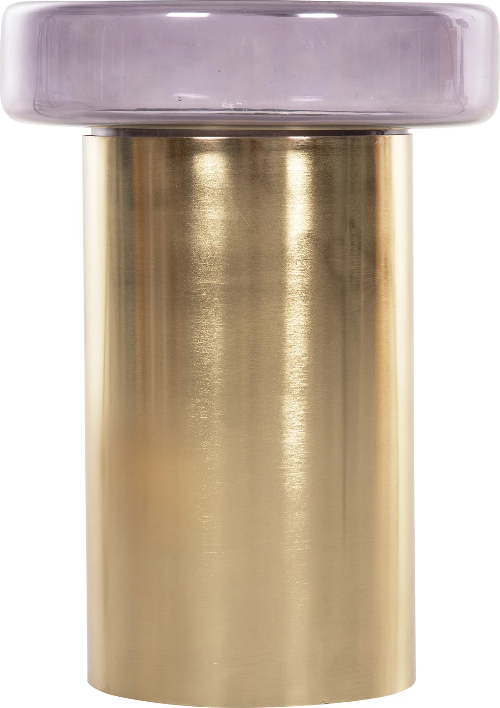 Tavolinë anësore e rrumbullakët, xham ngjyrë vjollcë, bazë metalike e artë, FH9728, Φ39x54H cm