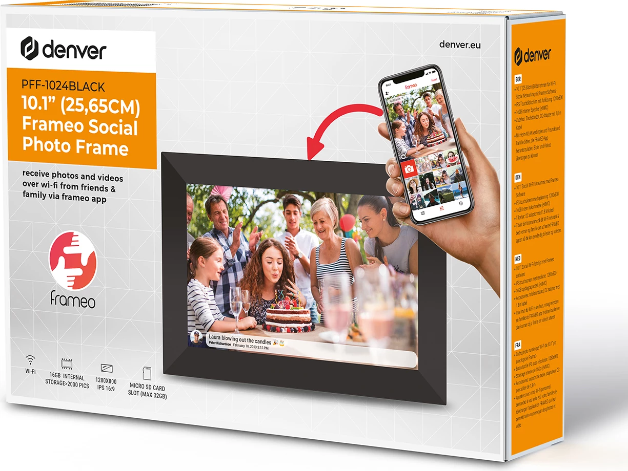 Kornizë digjitale Denver Frameo PFF-1024B, 10.1", 16 GB, IPS, e zezë