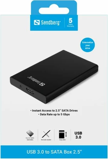 Kasë eksternale USB 3.0 në SATA SANDBERG 133-89 për HDD/SSD 2.5\", e zezë, set me kabllo 0.5 m + çantë udhëtimi